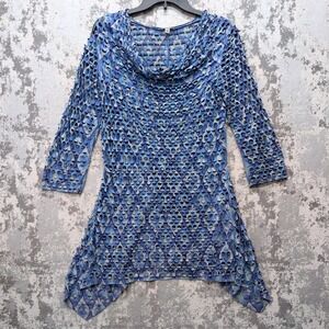 Linea Domani Blue Abstract Cutout Caftan Cowl Neck Tunic Top Sz Small Chest 30"